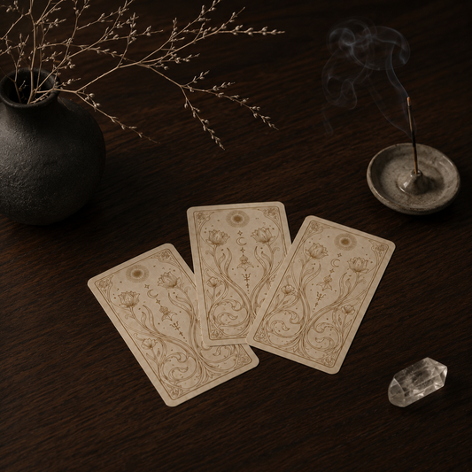 An Ace of Pentacles tarot card on a wooden stand beside a pine sprig and an open book, for an in-depth written reading