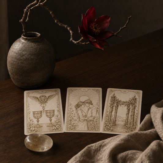 Three tarot cards spread on a dark wooden table with a stone vase and linen, for a written three-card reading