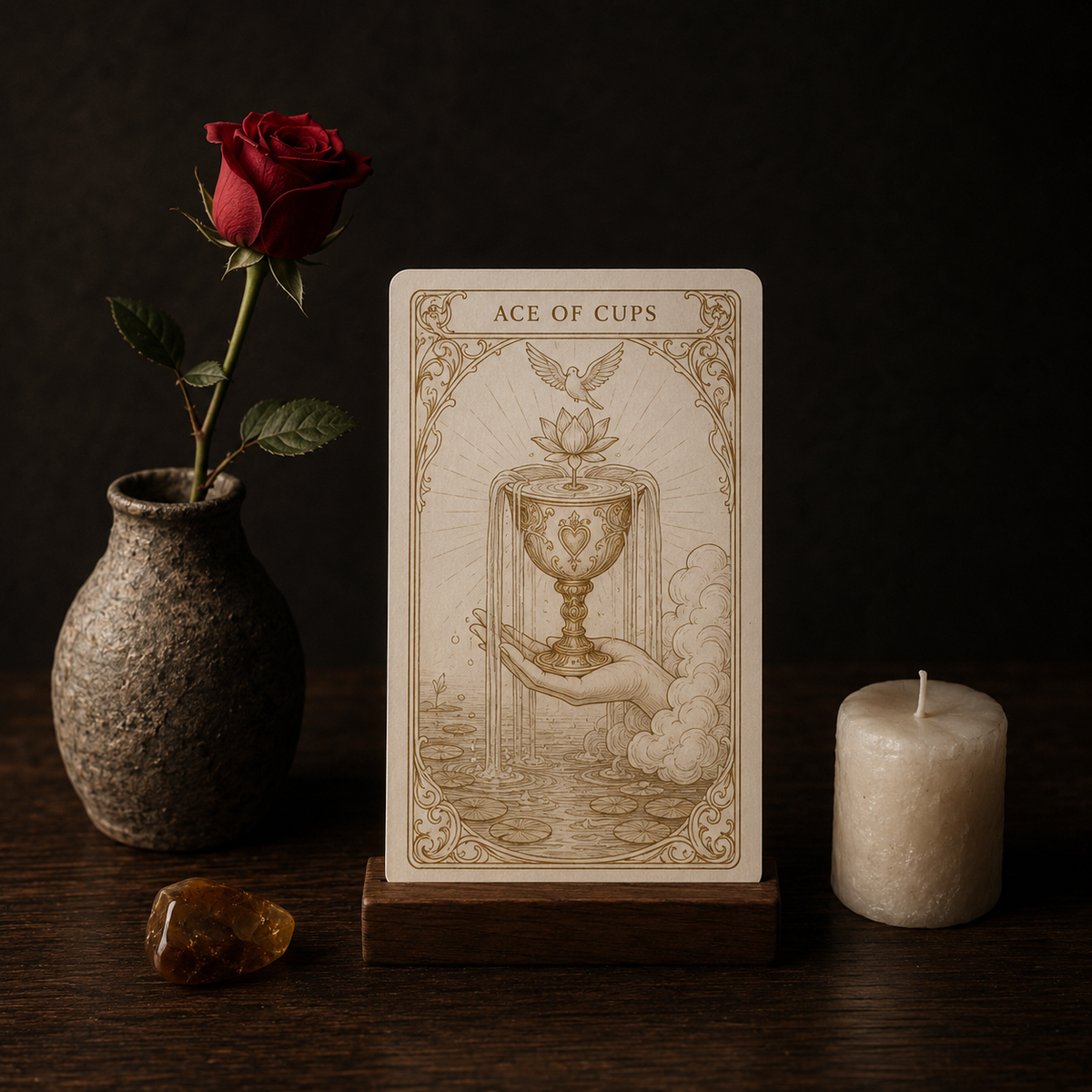 An Ace of Pentacles tarot card on a wooden stand beside a pine sprig and an open book, for an in-depth written reading
