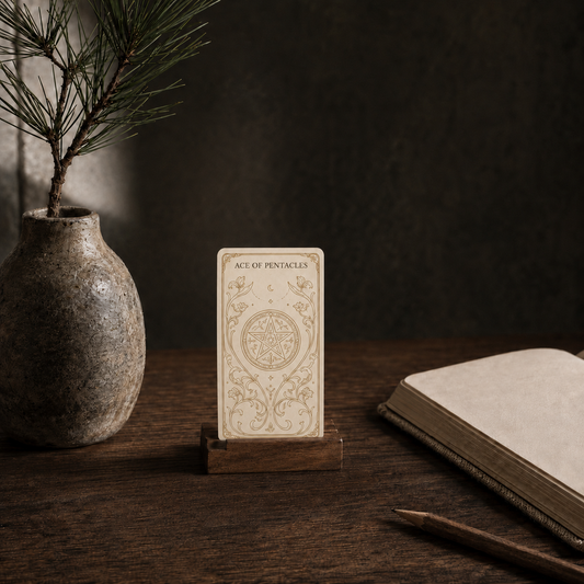 An Ace of Pentacles tarot card on a wooden stand beside a pine sprig and an open book, for an in-depth written reading