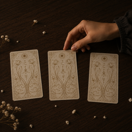 Three tarot cards spread on a dark wooden table with a stone vase and linen, for a written three-card reading
