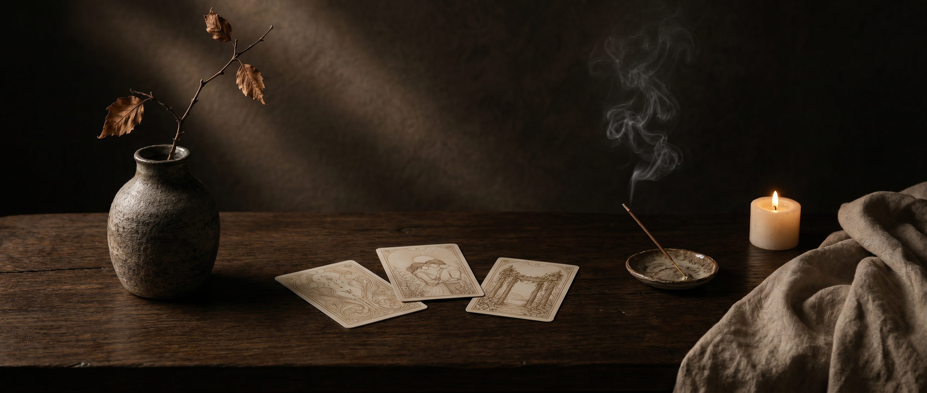   A calm tarot reading scene — three cards, a lit candle and incense on a dark wooden table with linen